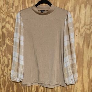Ann Taylor Tan Blouse with Plaid Sleeves